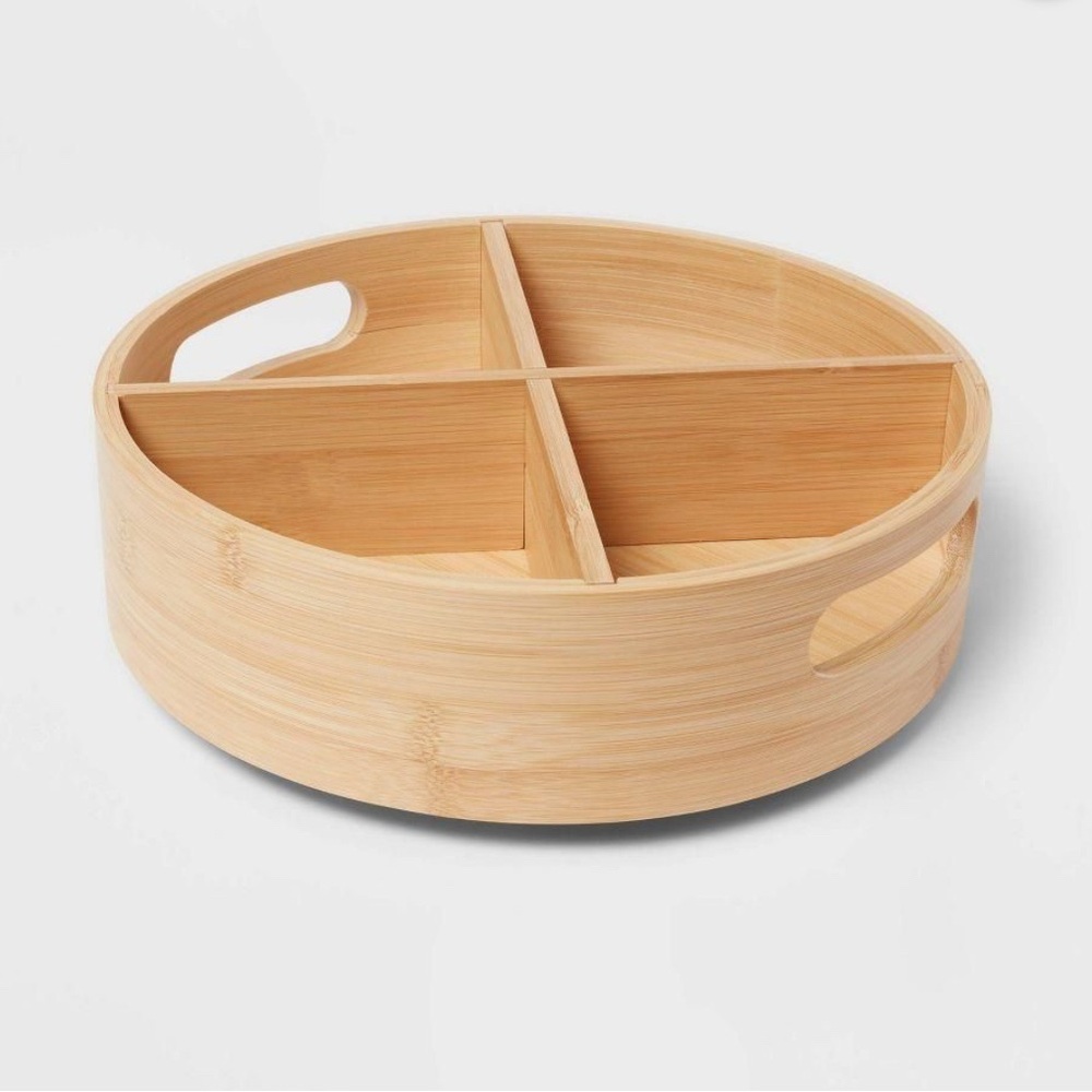 Brightroom Bamboo 4 Compartment Lazy Susan Turntable with Dividers NWOB